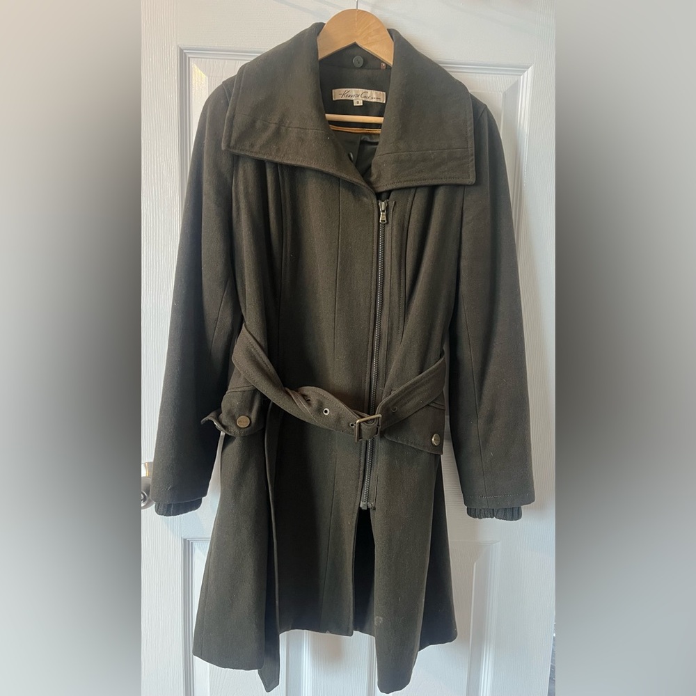 Dark Green Kenneth Cole Wool Blend Coat Women’s Size 8 Black Belted Zip Jacket